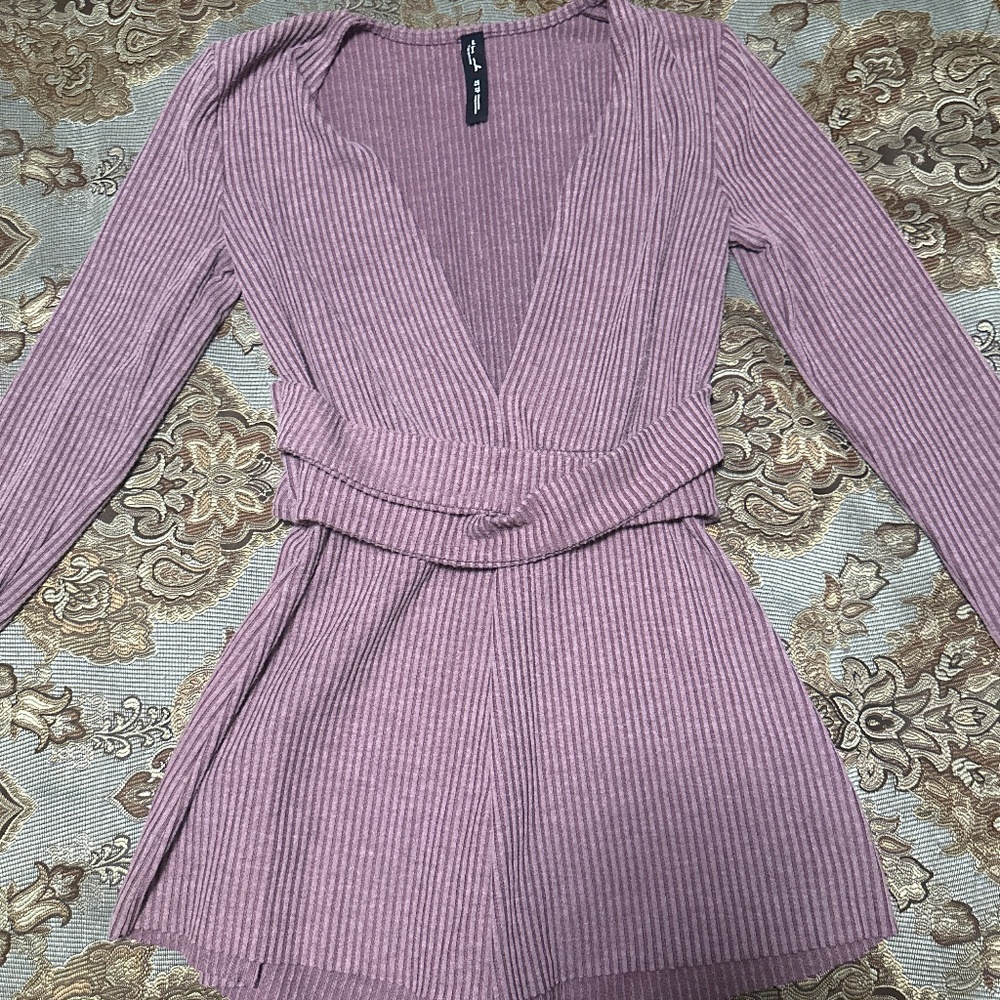 Urban Outfitters Mauve Ribbed Long-Sleeve V-Neck Romper
